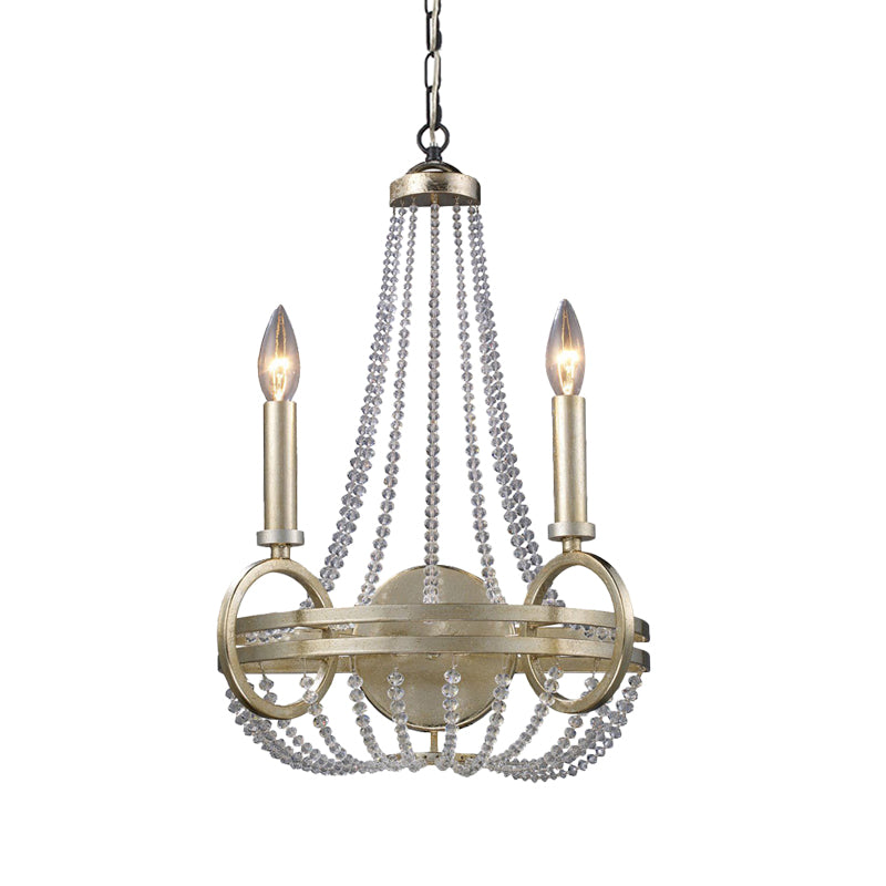 Silver Basket Pendant Chandelier Rustic Crystal Strand 2 Bulbs Living Room Ceiling Hang Fixture with Candle Design Clearhalo 'Ceiling Lights' 'Chandeliers' Lighting' options 787883