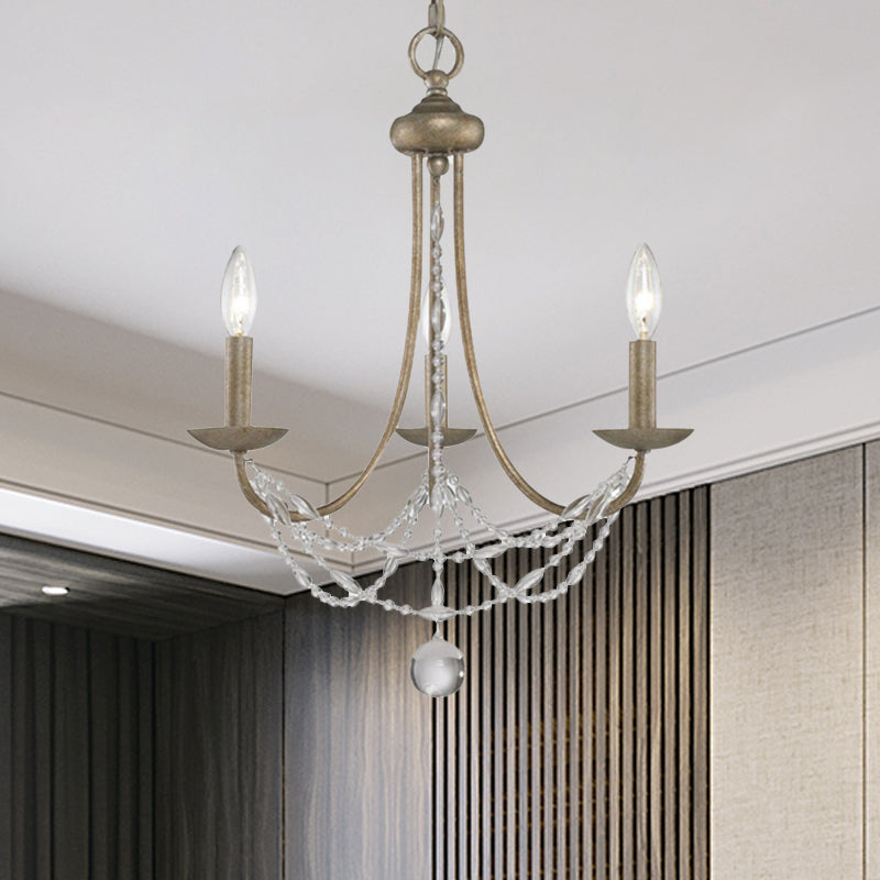 3/6 Heads Metal Hanging Chandelier Traditional Silver Candelabra Pendant Lamp with Crystal Strand Deco Clearhalo 'Ceiling Lights' 'Chandeliers' Lighting' options 787918