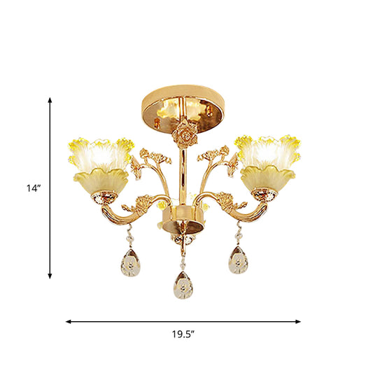 3-Light Semi Flush Mount Light Classic Dining Room Ceiling Lighting with Lotus Crystal Shade in Gold Clearhalo 'Ceiling Lights' 'Close To Ceiling Lights' 'Close to ceiling' 'Semi-flushmount' Lighting' 787926