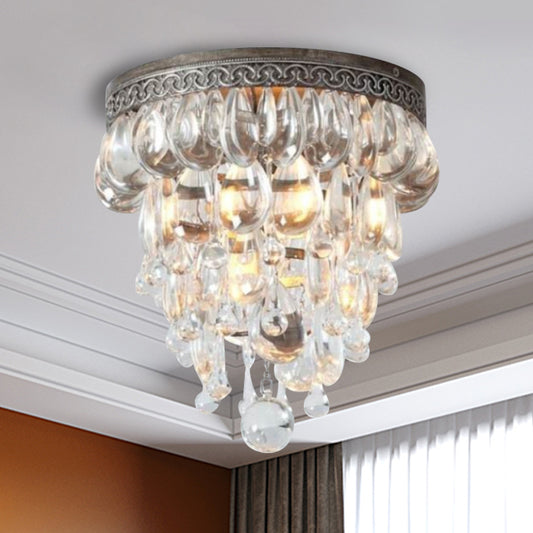 Crystal Drop Conical Flush Ceiling Light Countryside 3 Heads Corridor Flushmount Lighting in Bronze Bronze Clearhalo 'Ceiling Lights' 'Close To Ceiling Lights' 'Close to ceiling' 'Flush mount' Lighting' 787931