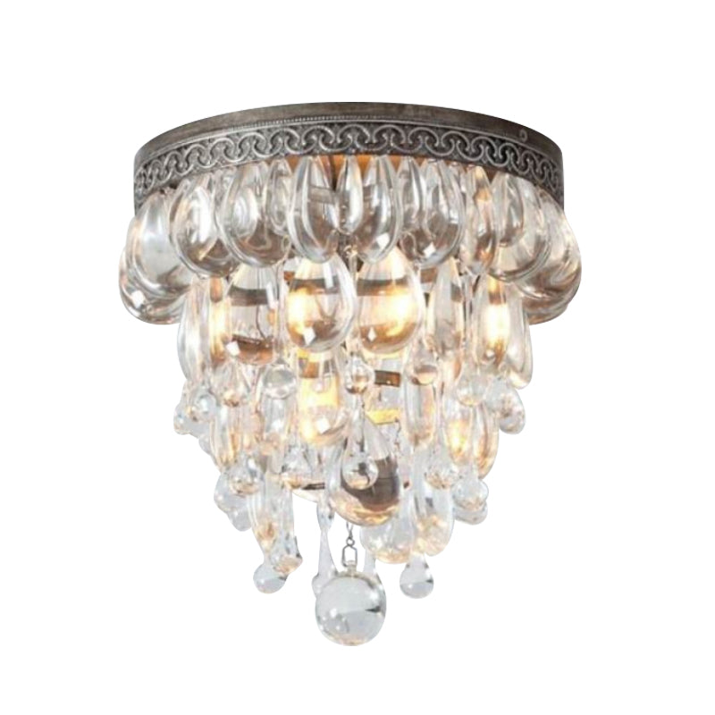 Crystal Drop Conical Flush Ceiling Light Countryside 3 Heads Corridor Flushmount Lighting in Bronze Clearhalo 'Ceiling Lights' 'Close To Ceiling Lights' 'Close to ceiling' 'Flush mount' Lighting' 787932