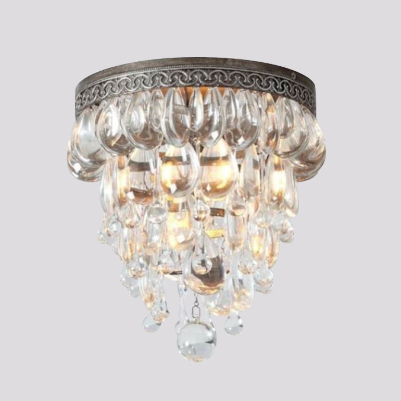 Crystal Drop Conical Flush Ceiling Light Countryside 3 Heads Corridor Flushmount Lighting in Bronze Clearhalo 'Ceiling Lights' 'Close To Ceiling Lights' 'Close to ceiling' 'Flush mount' Lighting' 787933