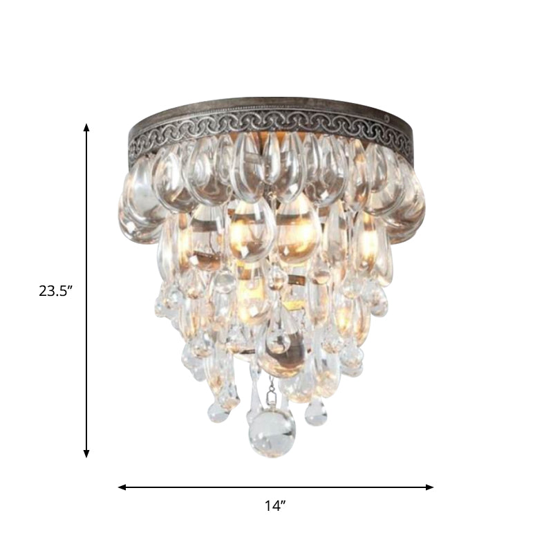 Crystal Drop Conical Flush Ceiling Light Countryside 3 Heads Corridor Flushmount Lighting in Bronze Clearhalo 'Ceiling Lights' 'Close To Ceiling Lights' 'Close to ceiling' 'Flush mount' Lighting' 787934