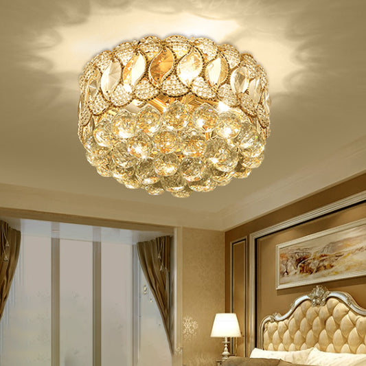 Drum Shade Crystal Orb Flush Mount Lamp Rustic 3-Head Bedroom Ceiling Light Fixture in Gold Gold Clearhalo 'Ceiling Lights' 'Close To Ceiling Lights' 'Close to ceiling' 'Flush mount' Lighting' 787935