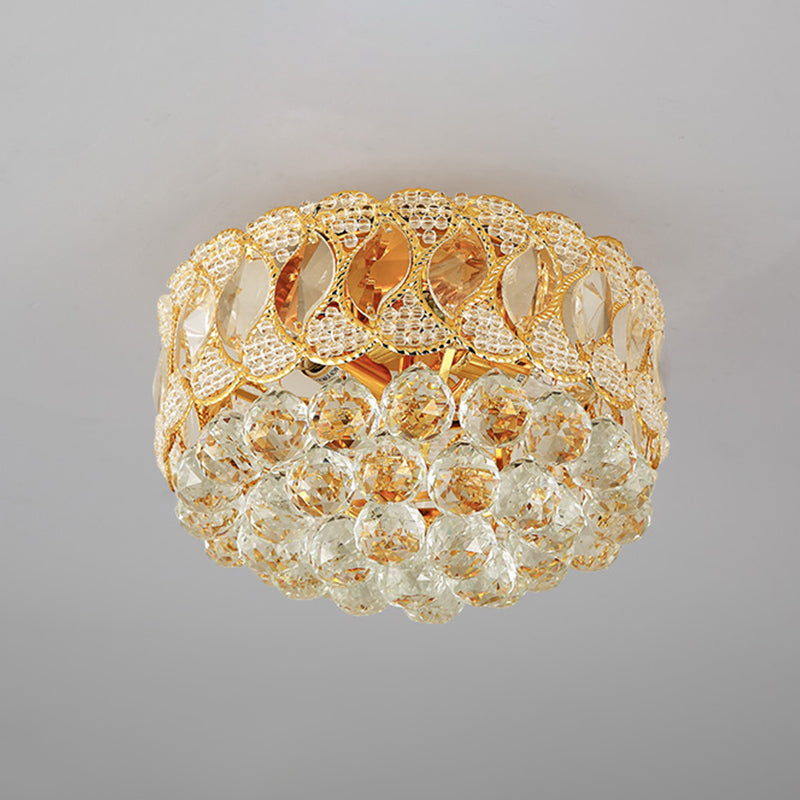 Drum Shade Crystal Orb Flush Mount Lamp Rustic 3-Head Bedroom Ceiling Light Fixture in Gold Clearhalo 'Ceiling Lights' 'Close To Ceiling Lights' 'Close to ceiling' 'Flush mount' Lighting' 787937