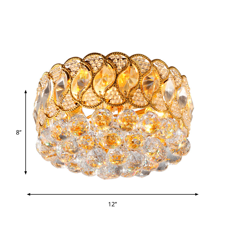 Drum Shade Crystal Orb Flush Mount Lamp Rustic 3-Head Bedroom Ceiling Light Fixture in Gold Clearhalo 'Ceiling Lights' 'Close To Ceiling Lights' 'Close to ceiling' 'Flush mount' Lighting' 787938