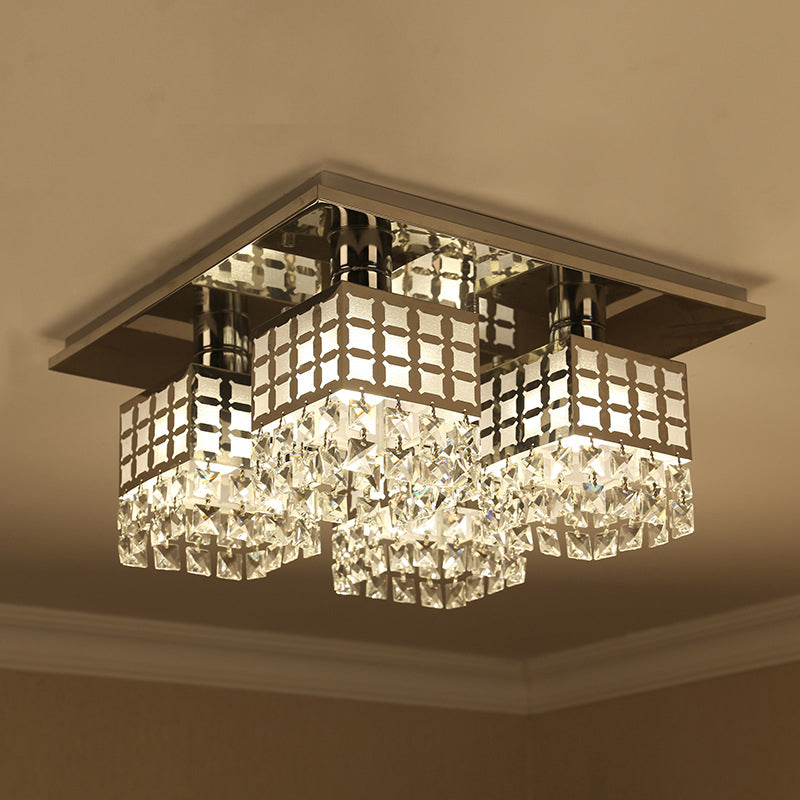 8 Heads Semi Flush Mount Contemporary Square Clear Crystal Ceiling Mounted Fixture in Silver Silver Clearhalo 'Ceiling Lights' 'Close To Ceiling Lights' 'Close to ceiling' 'Semi-flushmount' Lighting' 787955