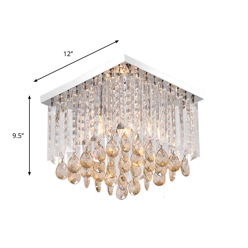 Chrome Square Ceiling Mount Modern Style Crystal Drop 1/2-Light Bedroom Flush Light, 8"/12" Wide Clearhalo 'Ceiling Lights' 'Close To Ceiling Lights' 'Close to ceiling' 'Flush mount' Lighting' 787966