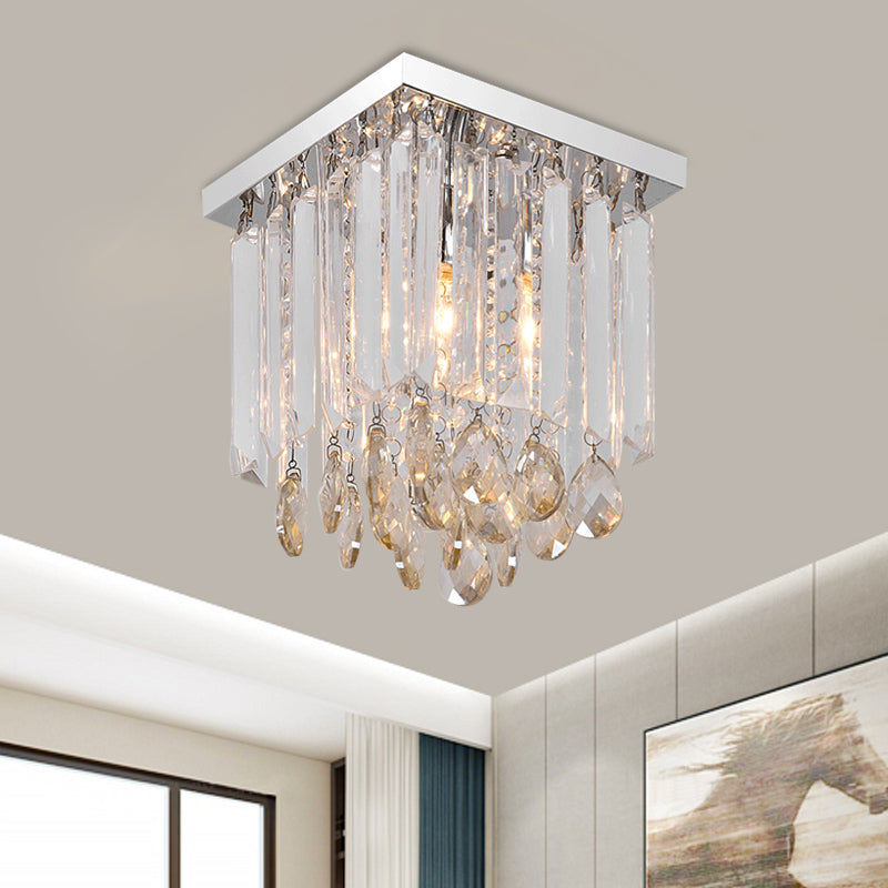 Chrome Square Ceiling Mount Modern Style Crystal Drop 1/2-Light Bedroom Flush Light, 8"/12" Wide Clearhalo 'Ceiling Lights' 'Close To Ceiling Lights' 'Close to ceiling' 'Flush mount' Lighting' 787968