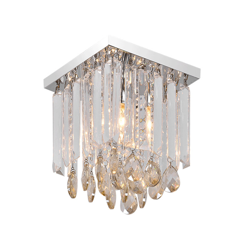 Chrome Square Ceiling Mount Modern Style Crystal Drop 1/2-Light Bedroom Flush Light, 8"/12" Wide Clearhalo 'Ceiling Lights' 'Close To Ceiling Lights' 'Close to ceiling' 'Flush mount' Lighting' 787969