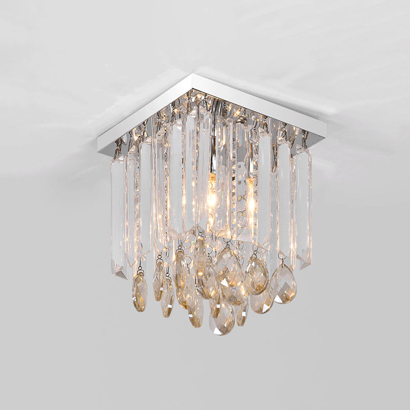 Chrome Square Ceiling Mount Modern Style Crystal Drop 1/2-Light Bedroom Flush Light, 8"/12" Wide Clearhalo 'Ceiling Lights' 'Close To Ceiling Lights' 'Close to ceiling' 'Flush mount' Lighting' 787970