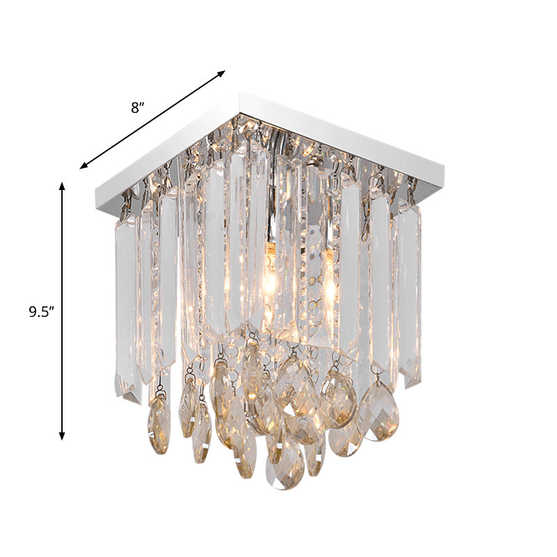 Chrome Square Ceiling Mount Modern Style Crystal Drop 1/2-Light Bedroom Flush Light, 8"/12" Wide Clearhalo 'Ceiling Lights' 'Close To Ceiling Lights' 'Close to ceiling' 'Flush mount' Lighting' 787971