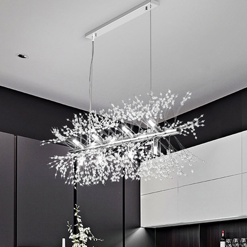 Crystal Beaded Sprig Island Lighting Modern 12 Bulbs Kitchen Hanging Pendant Light in Chrome Chrome Clearhalo 'Ceiling Lights' 'Island Lights' Lighting' 787990