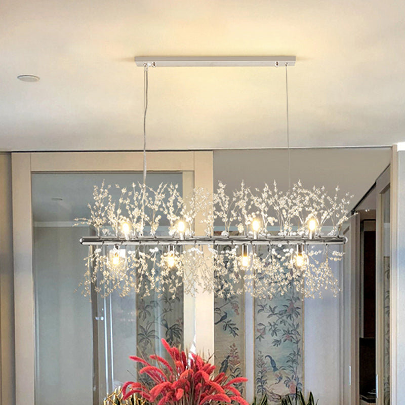 Crystal Beaded Sprig Island Lighting Modern 12 Bulbs Kitchen Hanging Pendant Light in Chrome Clearhalo 'Ceiling Lights' 'Island Lights' Lighting' 787991