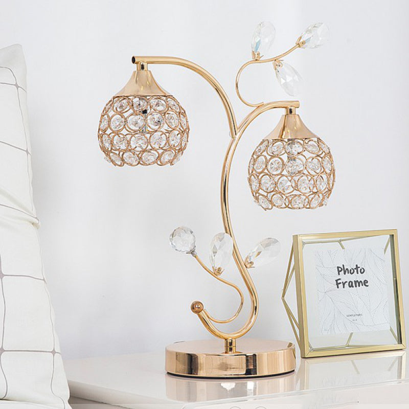 Modernist Flower Vine Table Light 2 Heads Crystal Encrusted Night Stand Lamp with Dome Shade in Gold Clearhalo 'Lamps' 'Table Lamps' Lighting' 788023