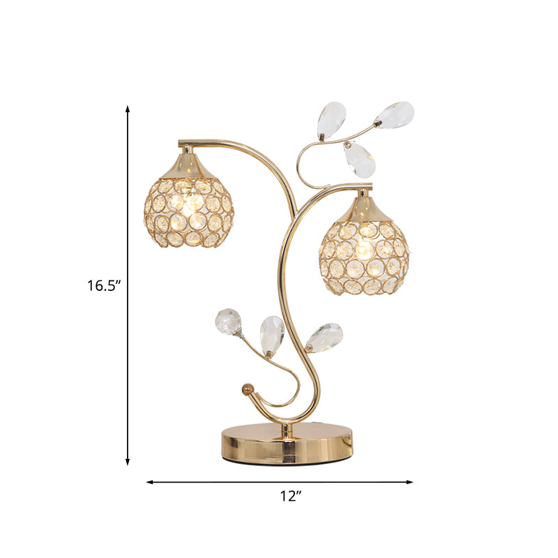 Modernist Flower Vine Table Light 2 Heads Crystal Encrusted Night Stand Lamp with Dome Shade in Gold Clearhalo 'Lamps' 'Table Lamps' Lighting' 788025