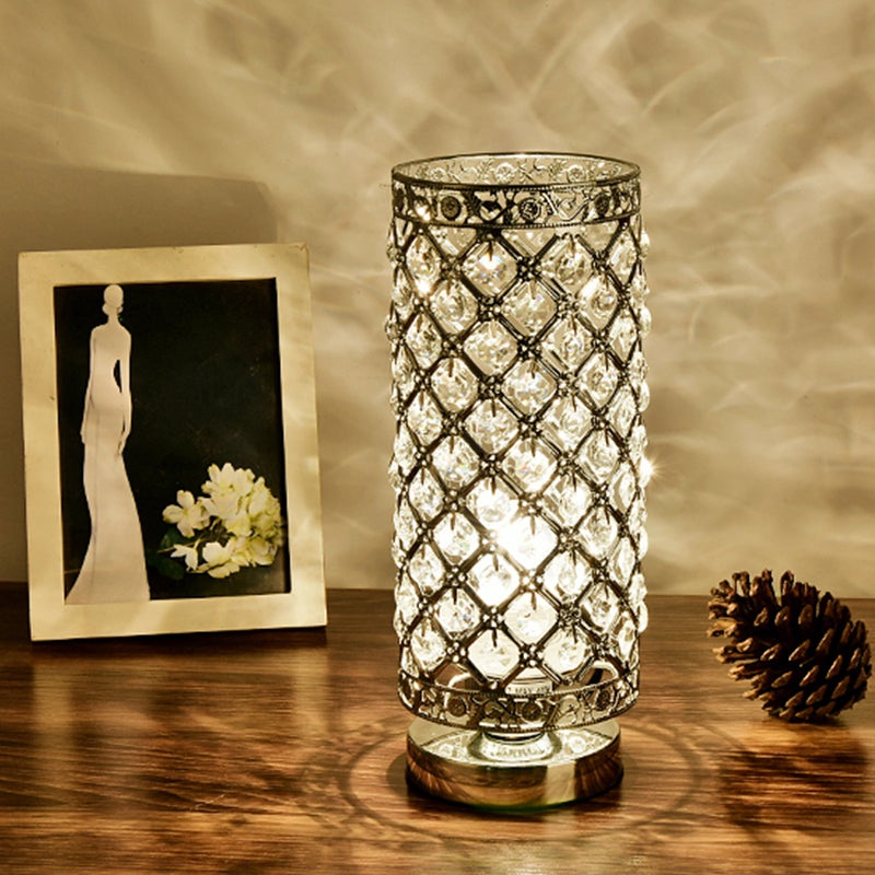 Crystal Polished Silver Table Lamp Trellis Cylindrical Single Bulb Modern Stylish Nightstand Light Silver Clearhalo 'Lamps' 'Table Lamps' Lighting' 788032