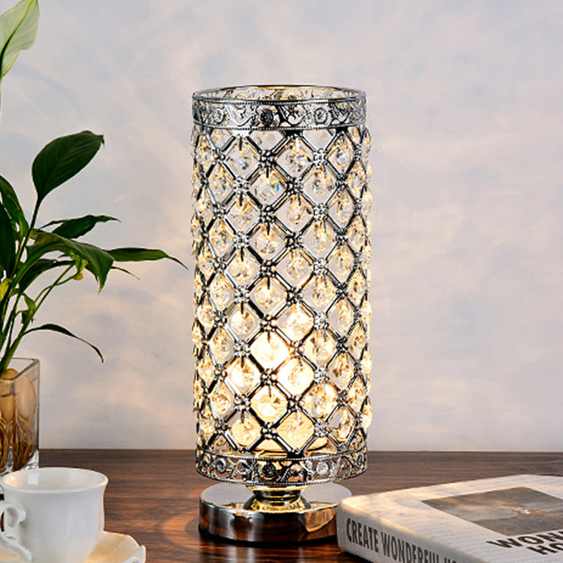 Crystal Polished Silver Table Lamp Trellis Cylindrical Single Bulb Modern Stylish Nightstand Light Clearhalo 'Lamps' 'Table Lamps' Lighting' 788033