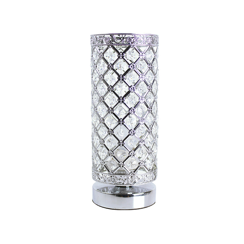 Crystal Polished Silver Table Lamp Trellis Cylindrical Single Bulb Modern Stylish Nightstand Light Clearhalo 'Lamps' 'Table Lamps' Lighting' 788034