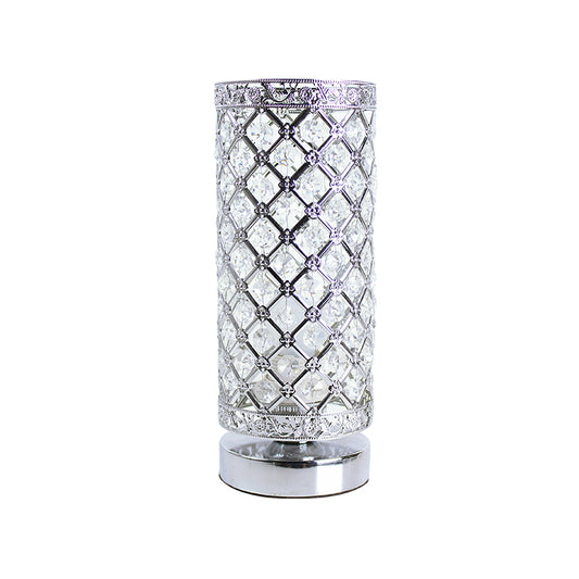 Crystal Polished Silver Table Lamp Trellis Cylindrical Single Bulb Modern Stylish Nightstand Light Clearhalo 'Lamps' 'Table Lamps' Lighting' 788034