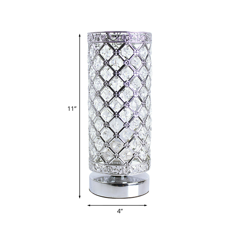 Crystal Polished Silver Table Lamp Trellis Cylindrical Single Bulb Modern Stylish Nightstand Light Clearhalo 'Lamps' 'Table Lamps' Lighting' 788035