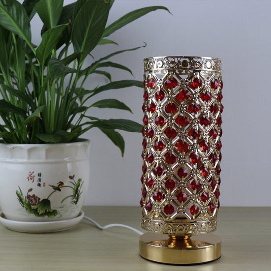 Red Crystal Lattice Column Night Lamp Modernist 1 Head Bedside Table Light in Gold Gold Clearhalo 'Lamps' 'Table Lamps' Lighting' 788036
