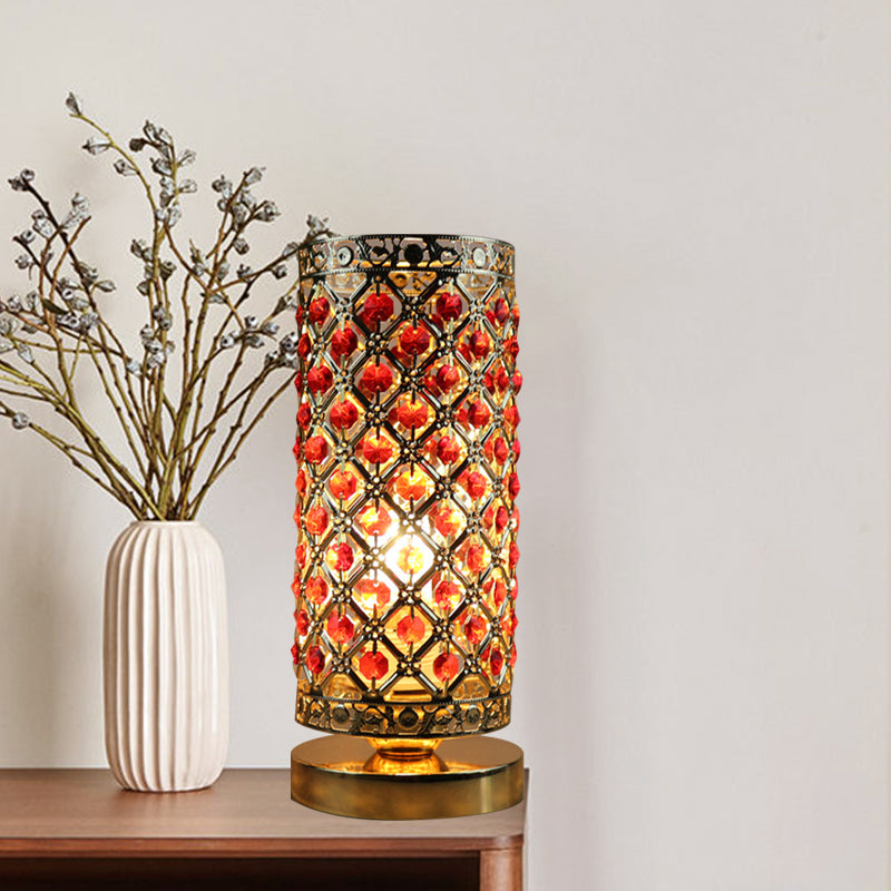 Red Crystal Lattice Column Night Lamp Modernist 1 Head Bedside Table Light in Gold Clearhalo 'Lamps' 'Table Lamps' Lighting' 788037