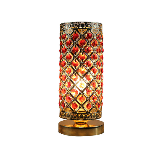 Red Crystal Lattice Column Night Lamp Modernist 1 Head Bedside Table Light in Gold Clearhalo 'Lamps' 'Table Lamps' Lighting' 788038