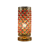 Red Crystal Lattice Column Night Lamp Modernist 1 Head Bedside Table Light in Gold Clearhalo 'Lamps' 'Table Lamps' Lighting' 788038