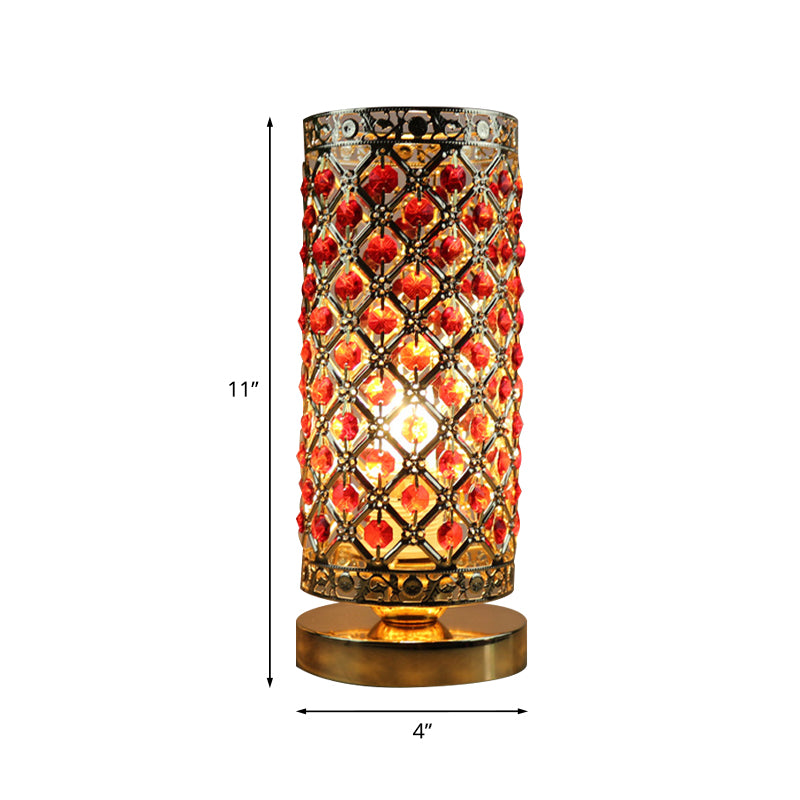 Red Crystal Lattice Column Night Lamp Modernist 1 Head Bedside Table Light in Gold Clearhalo 'Lamps' 'Table Lamps' Lighting' 788039