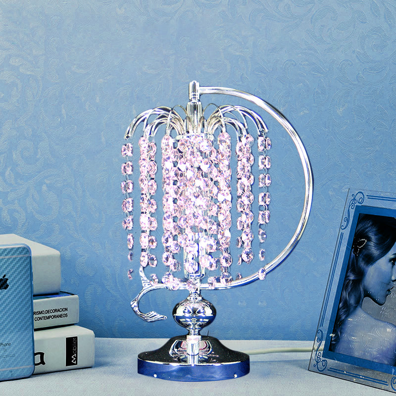 1-Head Drooping Tassel Night Light Retro Pink/Yellow/Blue Crystal Table Lighting with Polished Chrome C Arm Pink Clearhalo 'Lamps' 'Table Lamps' Lighting' 788065