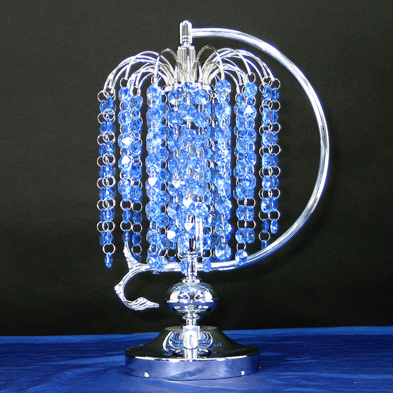 1-Head Drooping Tassel Night Light Retro Pink/Yellow/Blue Crystal Table Lighting with Polished Chrome C Arm Blue Clearhalo 'Lamps' 'Table Lamps' Lighting' 788069
