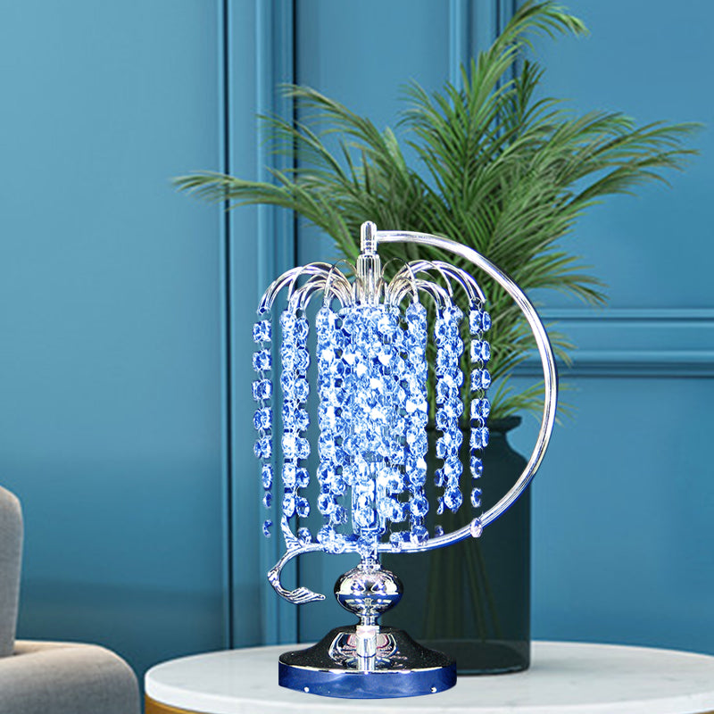 1-Head Drooping Tassel Night Light Retro Pink/Yellow/Blue Crystal Table Lighting with Polished Chrome C Arm Clearhalo 'Lamps' 'Table Lamps' Lighting' 788070
