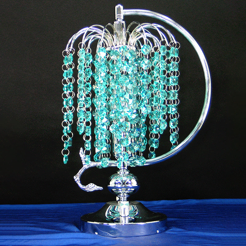 1-Head Drooping Tassel Night Light Retro Pink/Yellow/Blue Crystal Table Lighting with Polished Chrome C Arm Green Clearhalo 'Lamps' 'Table Lamps' Lighting' 788073