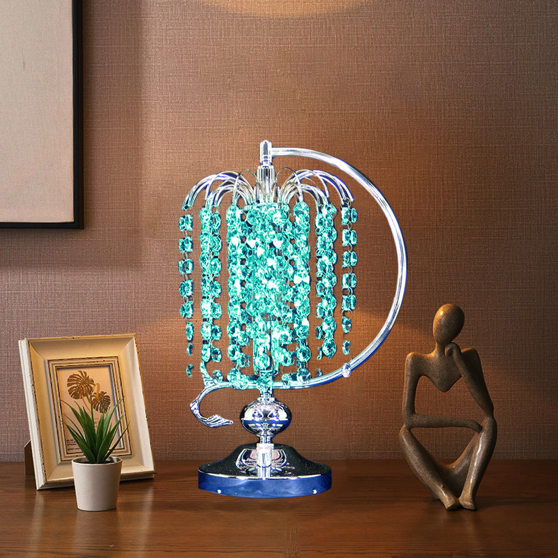 1-Head Drooping Tassel Night Light Retro Pink/Yellow/Blue Crystal Table Lighting with Polished Chrome C Arm Clearhalo 'Lamps' 'Table Lamps' Lighting' 788074