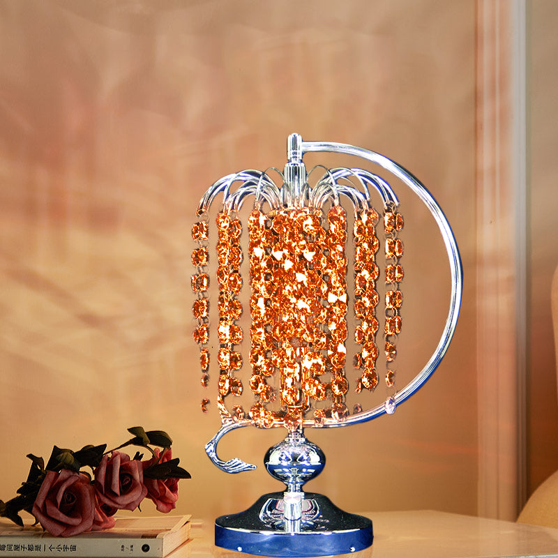 1-Head Drooping Tassel Night Light Retro Pink/Yellow/Blue Crystal Table Lighting with Polished Chrome C Arm Yellow Clearhalo 'Lamps' 'Table Lamps' Lighting' 788077