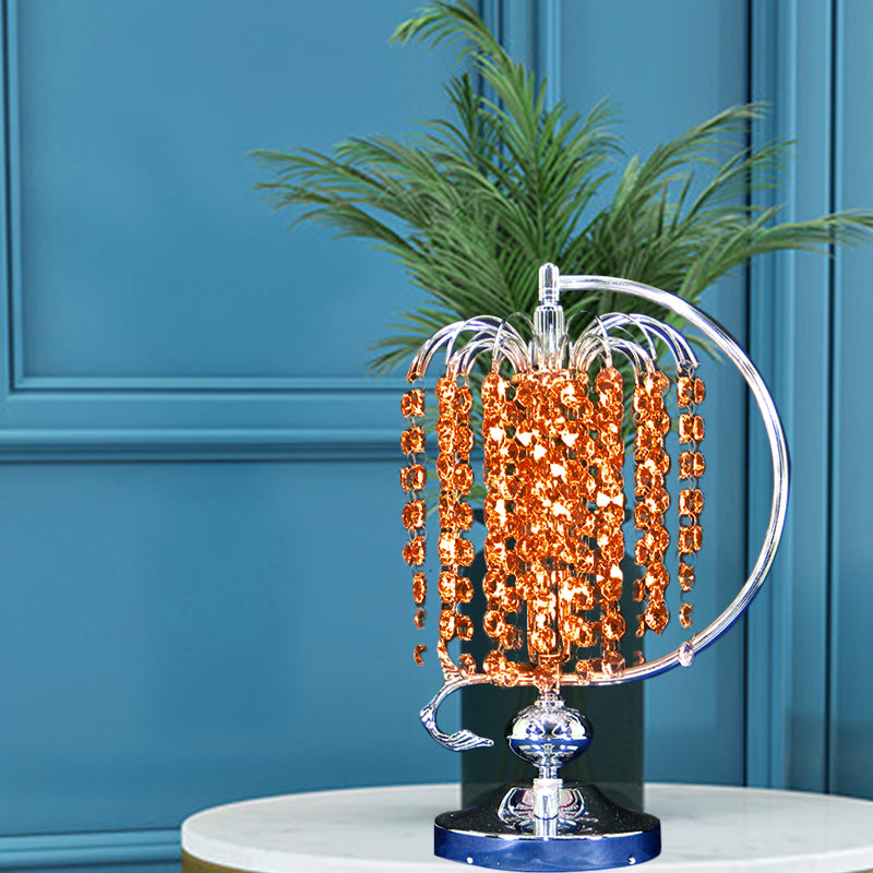 1-Head Drooping Tassel Night Light Retro Pink/Yellow/Blue Crystal Table Lighting with Polished Chrome C Arm Clearhalo 'Lamps' 'Table Lamps' Lighting' 788078