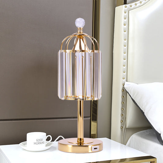 Cloche Crystal Prism LED Night Lamp Vintage Bedroom Table Lighting with Cage Top in Gold Gold Clearhalo 'Lamps' 'Table Lamps' Lighting' 788085