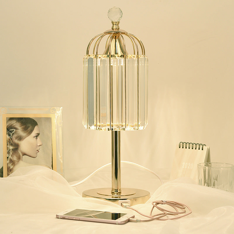 Cloche Crystal Prism LED Night Lamp Vintage Bedroom Table Lighting with Cage Top in Gold Clearhalo 'Lamps' 'Table Lamps' Lighting' 788086