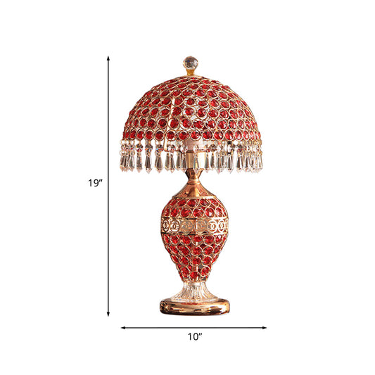 Retro Vase Pot Table Light Single Red Crystal Night Lamp with Dome Lampshade and Droplet in Gold Clearhalo 'Lamps' 'Table Lamps' Lighting' 788105