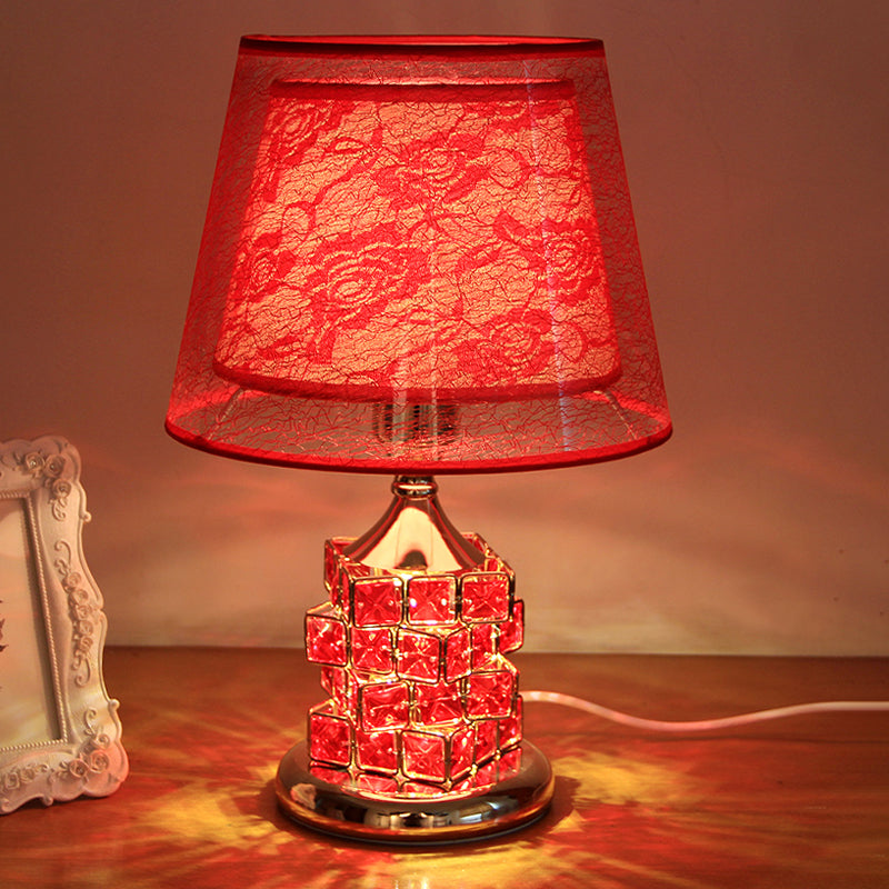 1 Head Rose Printed Fabric Table Lamp Vintage Romantic Red/Gold Dual Cone Shade Night Light with Cube Crystal Base Red Clearhalo 'Lamps' 'Table Lamps' Lighting' 788106