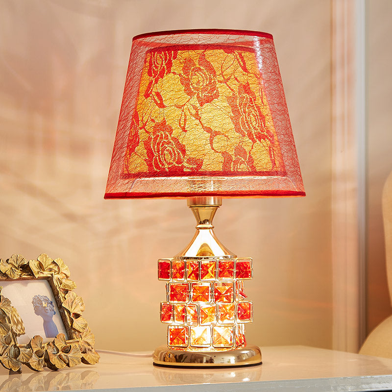 1 Head Rose Printed Fabric Table Lamp Vintage Romantic Red/Gold Dual Cone Shade Night Light with Cube Crystal Base Clearhalo 'Lamps' 'Table Lamps' Lighting' 788107
