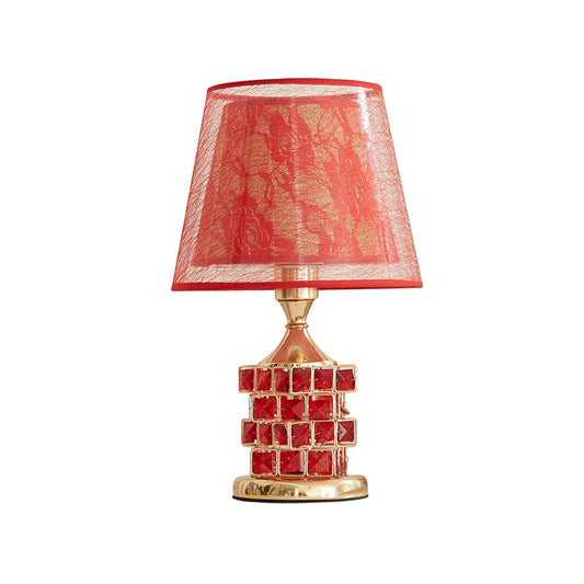 1 Head Rose Printed Fabric Table Lamp Vintage Romantic Red/Gold Dual Cone Shade Night Light with Cube Crystal Base Clearhalo 'Lamps' 'Table Lamps' Lighting' 788108