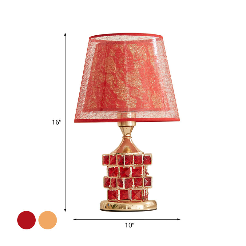 1 Head Rose Printed Fabric Table Lamp Vintage Romantic Red/Gold Dual Cone Shade Night Light with Cube Crystal Base Clearhalo 'Lamps' 'Table Lamps' Lighting' 788109