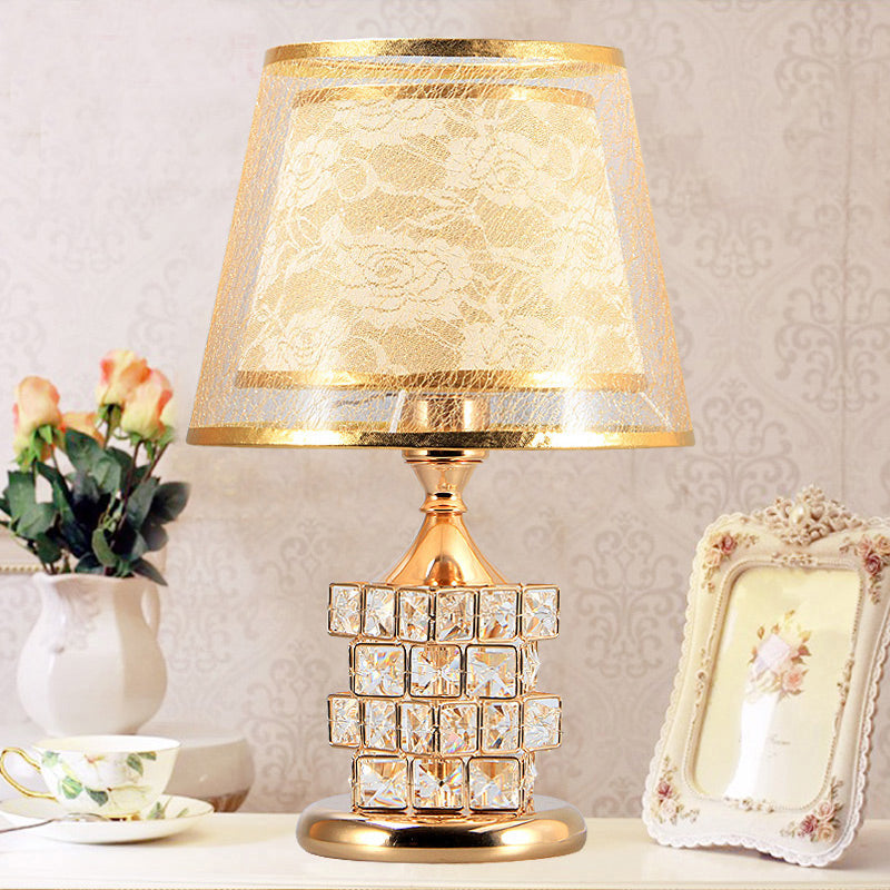 1 Head Rose Printed Fabric Table Lamp Vintage Romantic Red/Gold Dual Cone Shade Night Light with Cube Crystal Base Gold Clearhalo 'Lamps' 'Table Lamps' Lighting' 788110