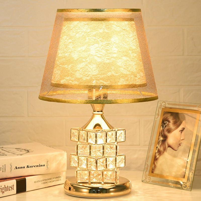 1 Head Rose Printed Fabric Table Lamp Vintage Romantic Red/Gold Dual Cone Shade Night Light with Cube Crystal Base Clearhalo 'Lamps' 'Table Lamps' Lighting' 788112