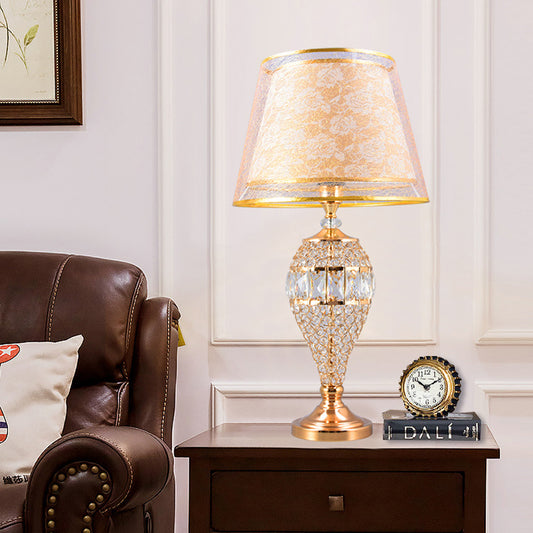 Teardrop Living Room Table Lighting Traditional Crystal 1-Light Gold Night Lamp with 2-Layer Patterned Fabric Shade Gold Clearhalo 'Lamps' 'Table Lamps' Lighting' 788114