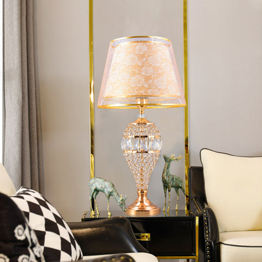Teardrop Living Room Table Lighting Traditional Crystal 1-Light Gold Night Lamp with 2-Layer Patterned Fabric Shade Clearhalo 'Lamps' 'Table Lamps' Lighting' 788115