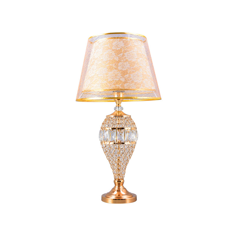 Teardrop Living Room Table Lighting Traditional Crystal 1-Light Gold Night Lamp with 2-Layer Patterned Fabric Shade Clearhalo 'Lamps' 'Table Lamps' Lighting' 788116
