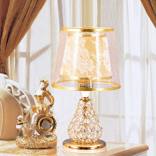 2-Shade Conical Fabric Night Lamp Rustic 1 Head Bedside Table Light with Crystal Encrusted Pear Base in Gold Gold Clearhalo 'Lamps' 'Table Lamps' Lighting' 788126